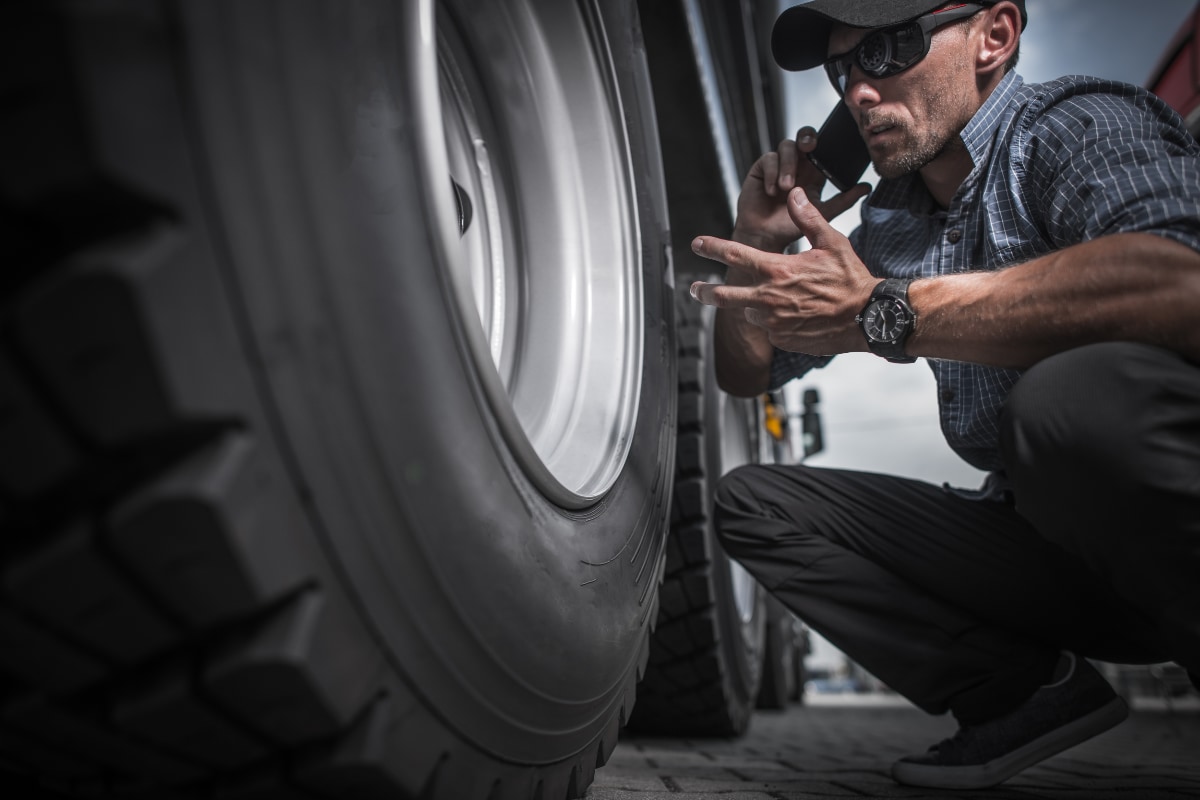person on phone kneeling down looking at tire on semi-truck